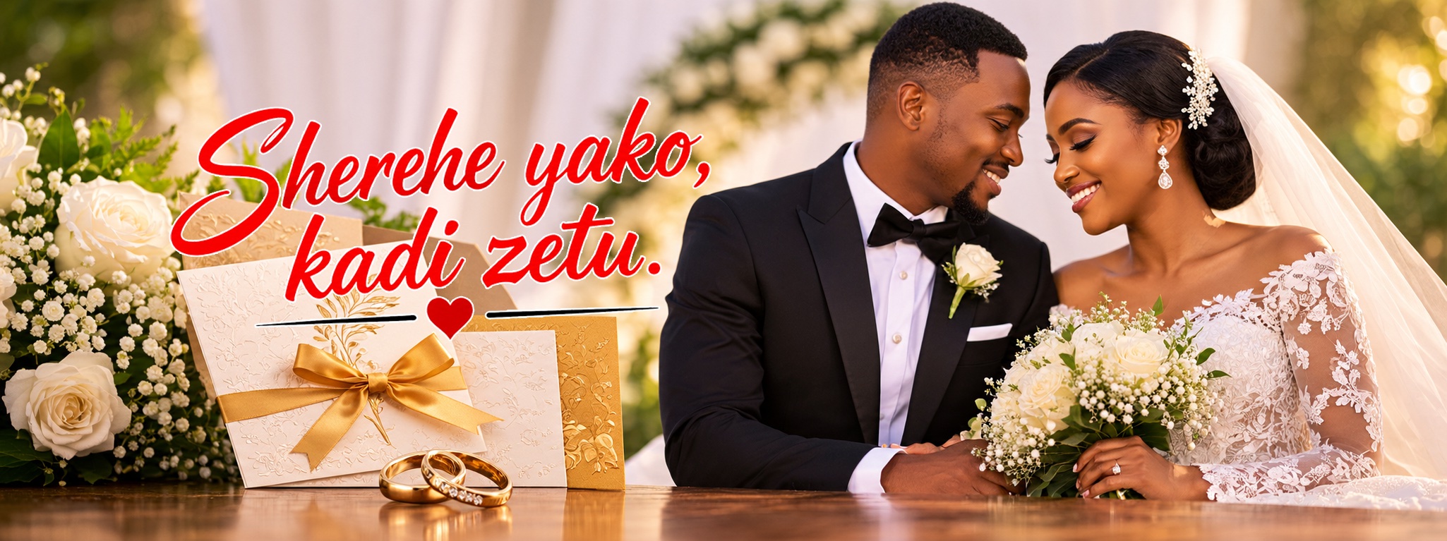 Sherehe yako, kadi zetu — a bride and groom beside their wedding invitation cards